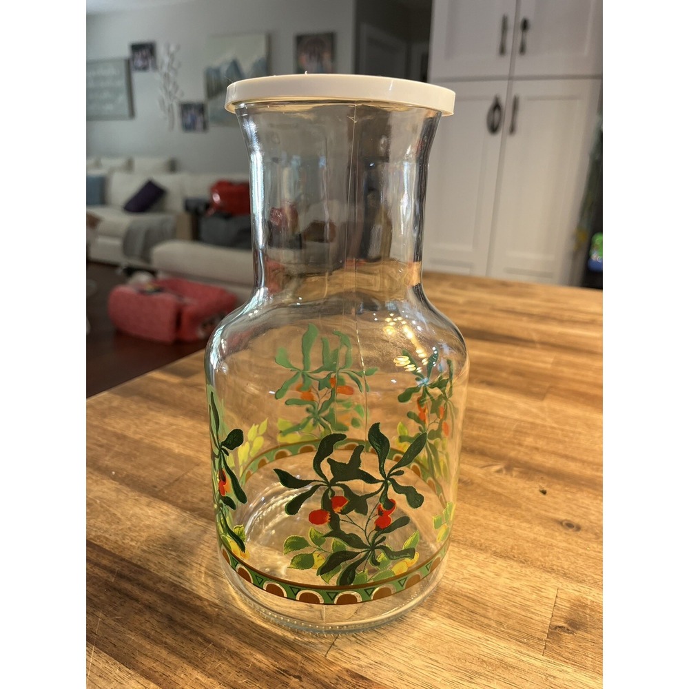 Vintage Kig Indonesia Glass Juice Carafe Pitcher with Berries Motif 9" - Picture 3 of 7